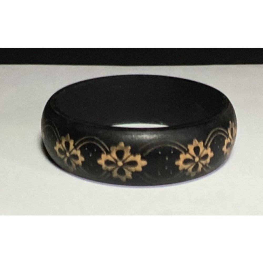 Hard Rubber Bangle Bracelet in Matte Black with Metallic Gold Floral Designs - Picture 4 of 7